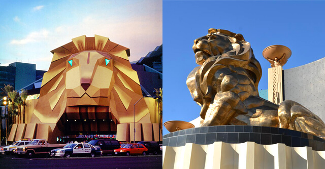 Leão na Entrada do MGM Grand Hotel & Casino - Antes e Depois