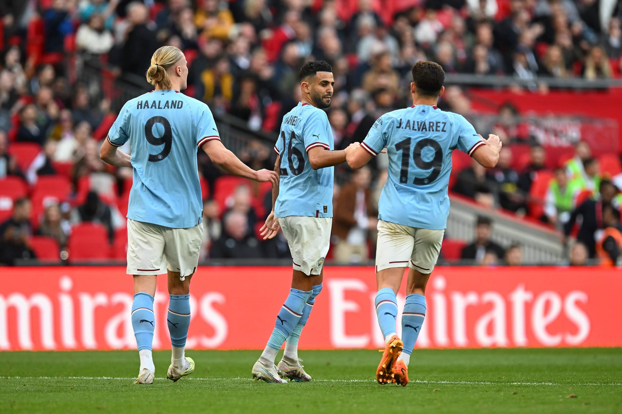 Manchester City v Sheffield United FA Cup 22/04/2023. Semi-Final Goal 1-0 - Riyad Mahrez (26) of Manchester City celebrates scoring the opening goal from the penalty spot during the FA Cup semi final match between Manchester City and Sheffield United at Wembley Stadium, London, England on 22 April 2023. London Wembley Stadium Greater London England Editorial use only , Copyright: xGrahamxHuntx PSI-17297-0260