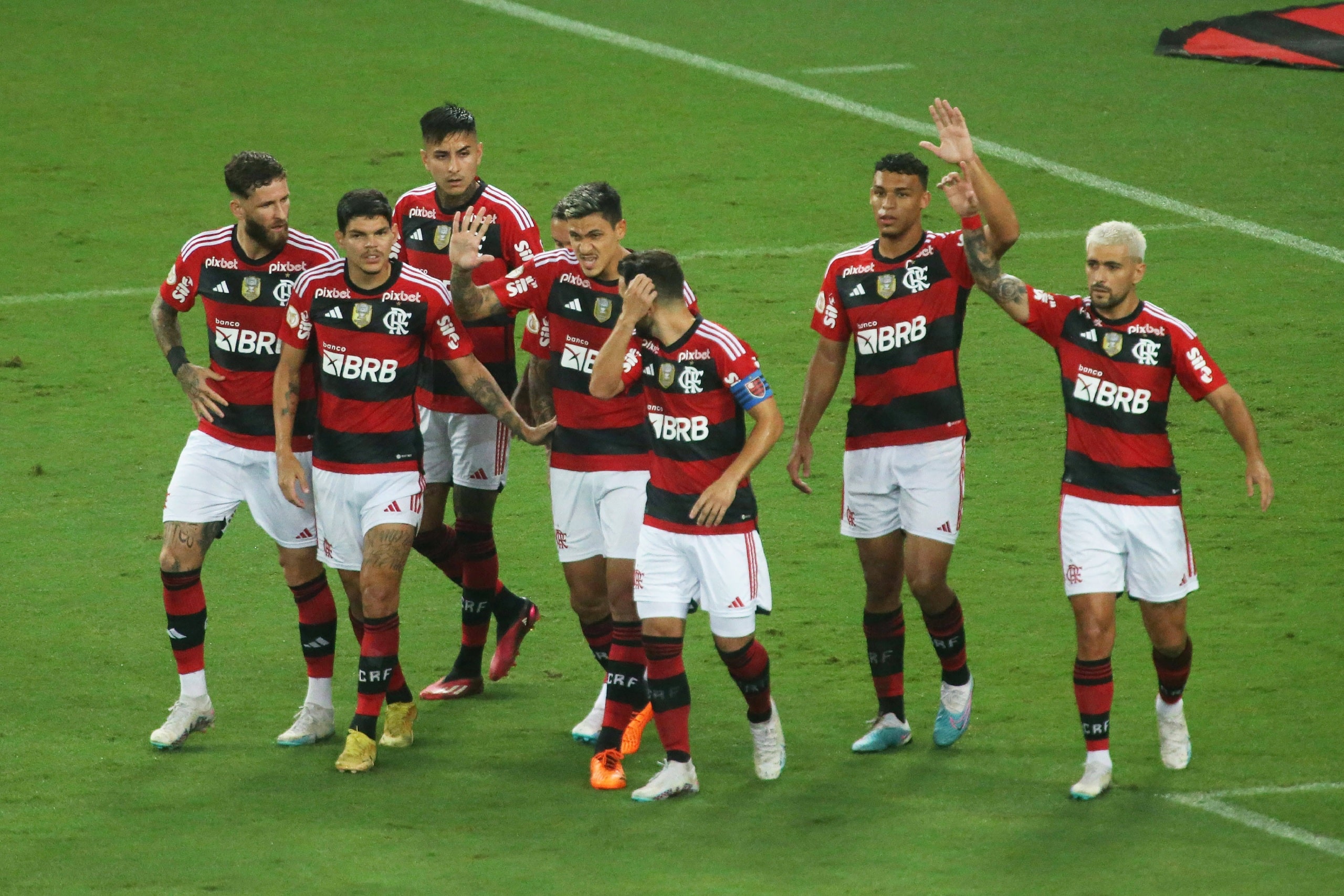 May 10th 2023: Maracana Stadium, Rio de Janeiro, Brazil: Brazil A-League football, Flamengo versus Goias: Pedro of Flamengo, celebrates scoring his goal with team mates P