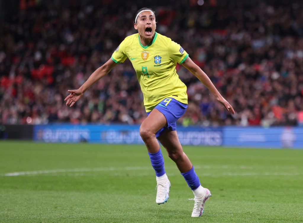 London, England, 6th April 2023. Andressa Alves of Brazil celebrates after scoring to make it 1-1 during the Women s CON