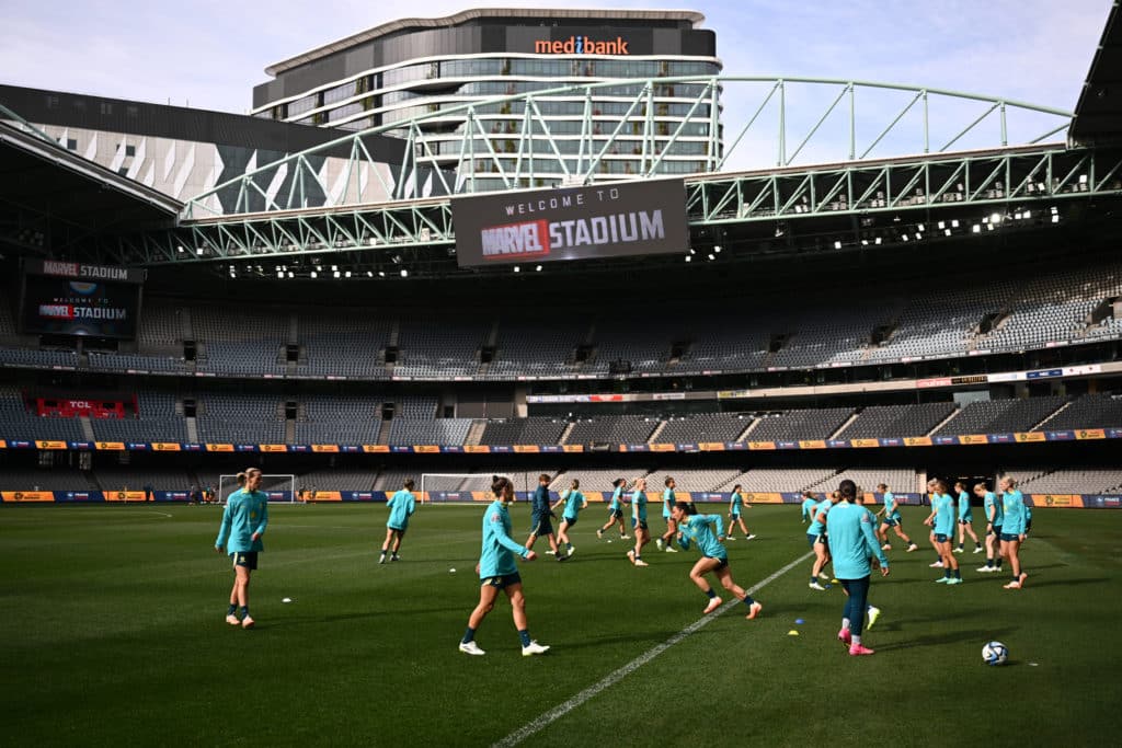 A general view of the pitch during a Matildas team training session ahead of the FIFA Women™s World Cup at Marvel Stadium in Melbourne