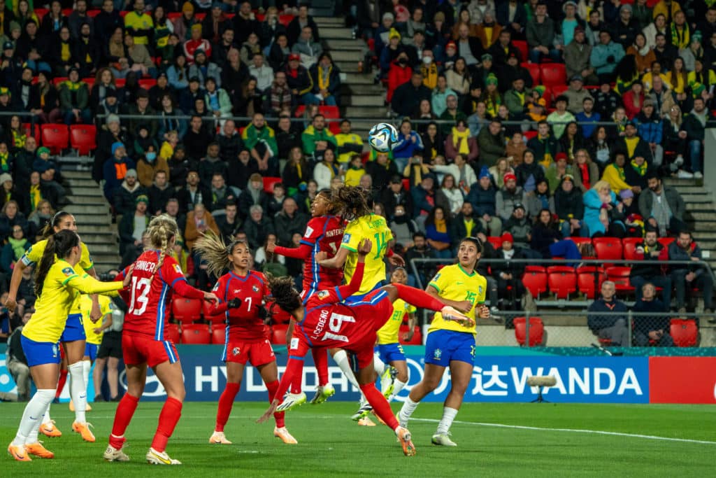 Lineth Cedeno (19 Panama) attempts an acrobatic kick during the 2023 FIFA Womens World Cup Group F football match between Brazil and Panama at Hindmarsh Stadium in Adelaide, Australia
