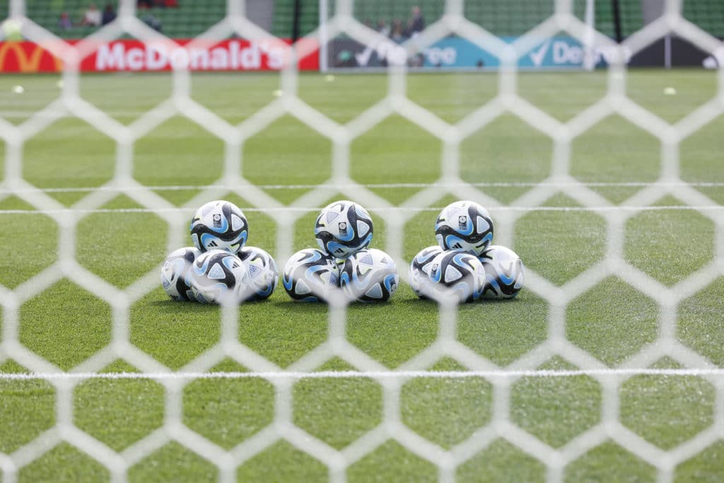 Melbourne, Australia: The match balls on the pitch ahead of the FIFA Women s World Cup Australia & New Zealand 2023 Group match between Nigeria and Canada at Melbourne Rectangular Stadium.