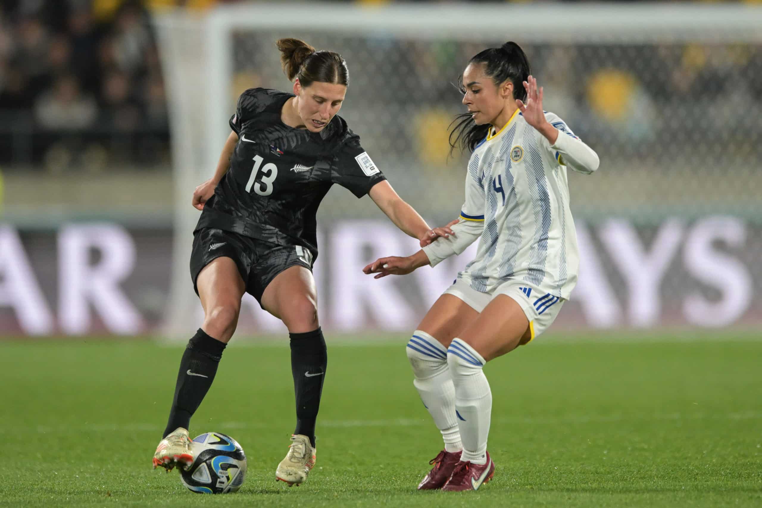 New Zealand: Rebekah Ashley Stott (L) of New Zealand Women soccer team and Jaclyn Katrina Sawicki (R) of Philippines Women soccer team seen in action during the FIFA Women s World Cup 2023