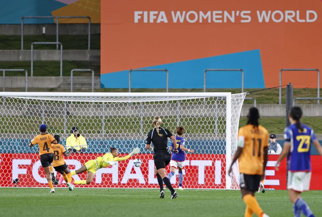 Women s World Cup Japan s Hinata Miyazawa (far R, back) scores a goal during the first half of the Women s World Cup Group C football match against Zambia at Waikato Stadium in Hamilton, New Zealand, on July 22, 2023.