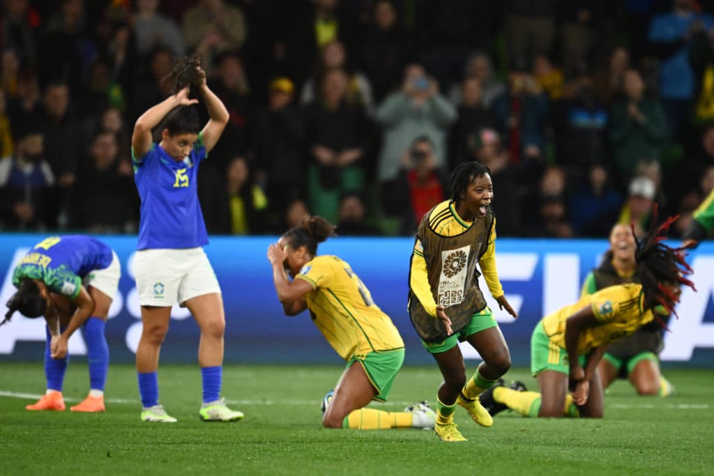 WWC23 JAMAICA BRAZIL, Jamaica celebrates following their nil all draw with Brazil to advance to the round of 16 during t