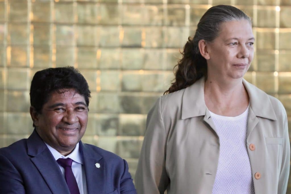 Minister of Sports Ana Moser, CBF President Ednaldo Rodrigues, participate in the presentation of the FIFA CUP for Women s World Cup Australia and New Zealand 2023 cup, at Palacio da Alvorada in Brasilia