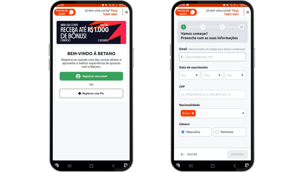Cadastro no Betano app